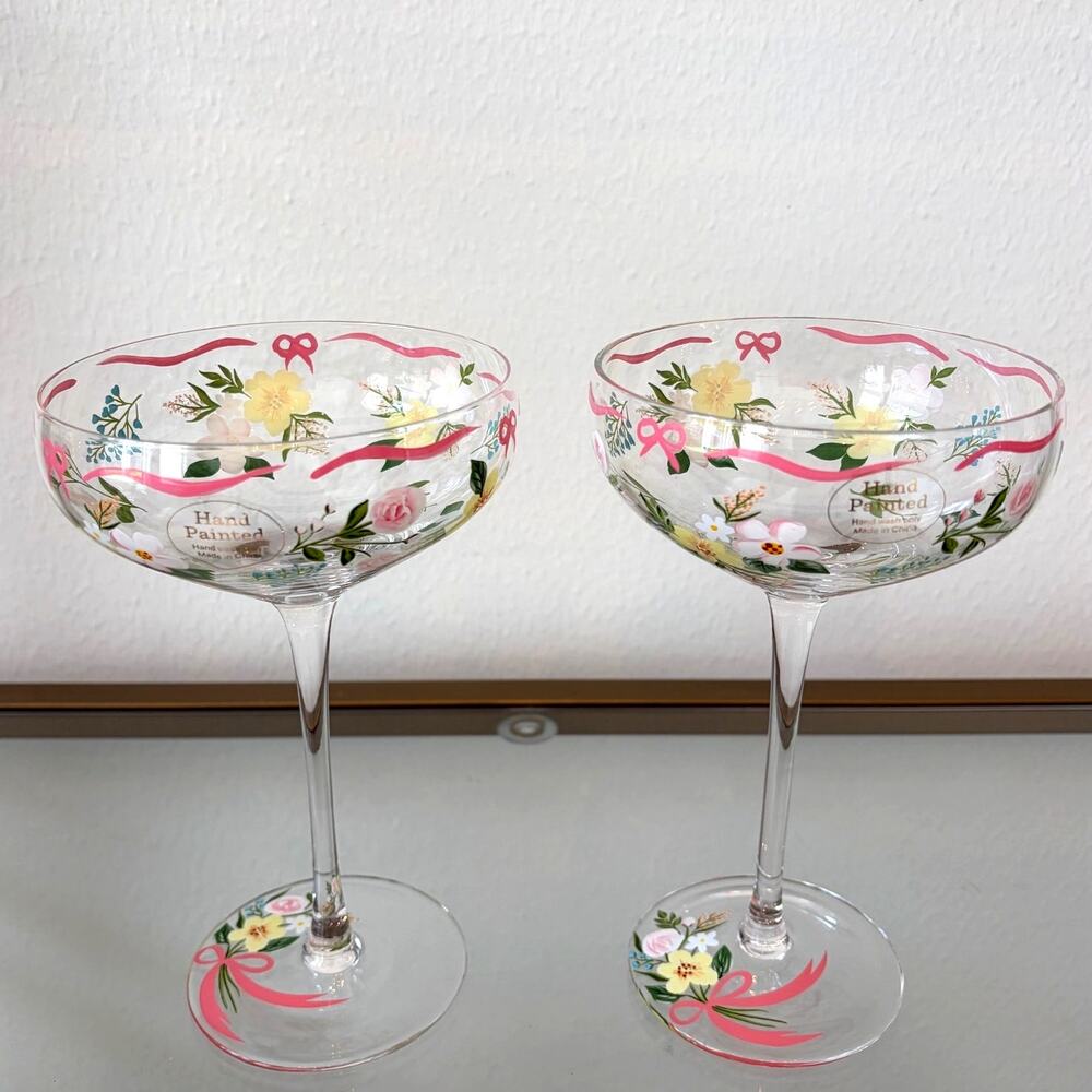 Hand Painted Coupe Glass Set of 2 Bows & Flowers Chic Barware NEW